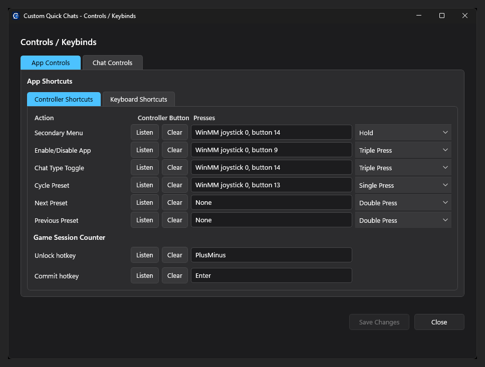 Custom Quick Chats Controls window on the App Controls tab showing shortcuts and the game session counter