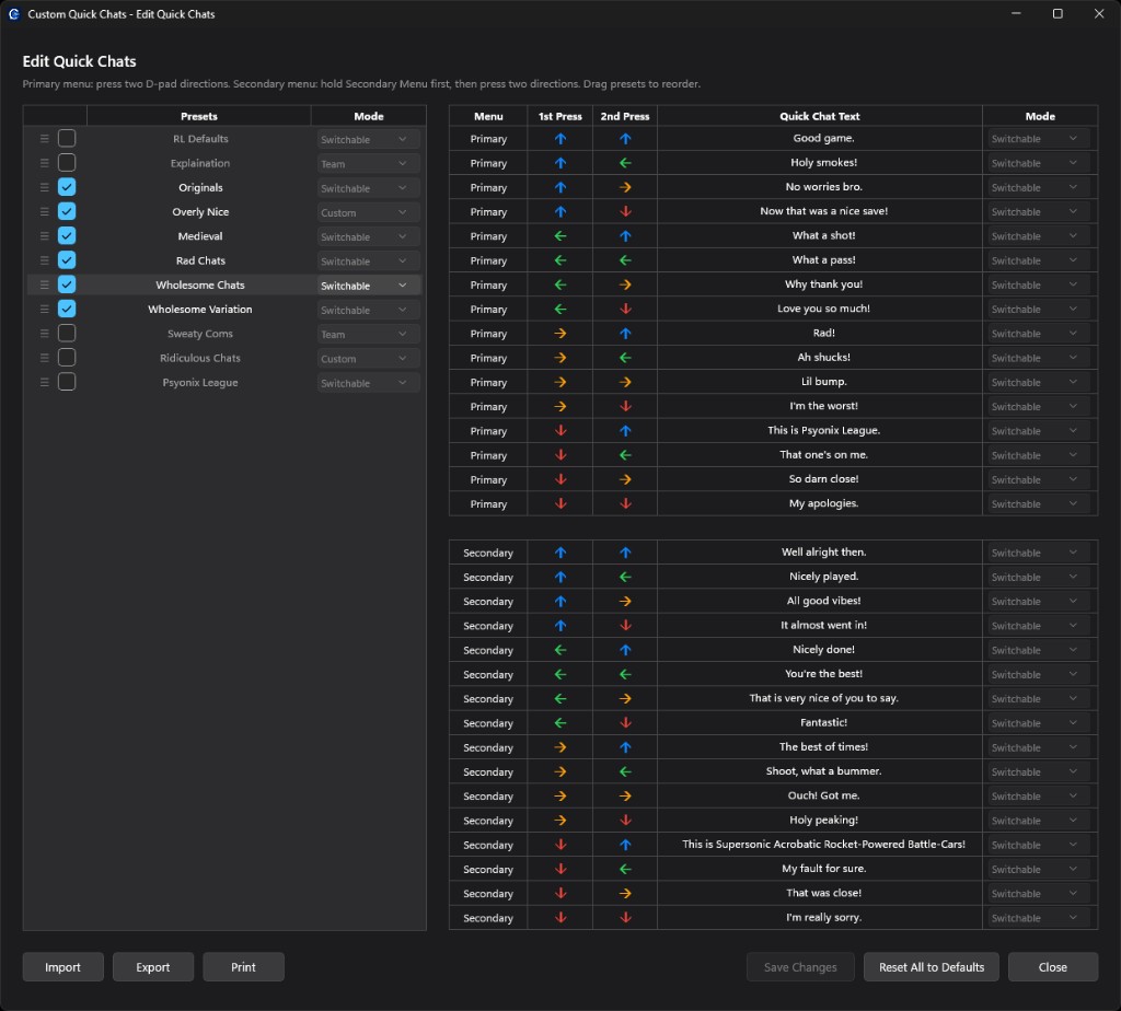 Custom Quick Chats Edit Quick Chats window showing the message grid, presets list, and Primary and Secondary menus