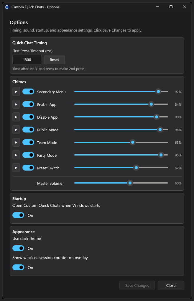Custom Quick Chats Options window showing first-press timeout, chimes with per-action volume, startup, and appearance settings
